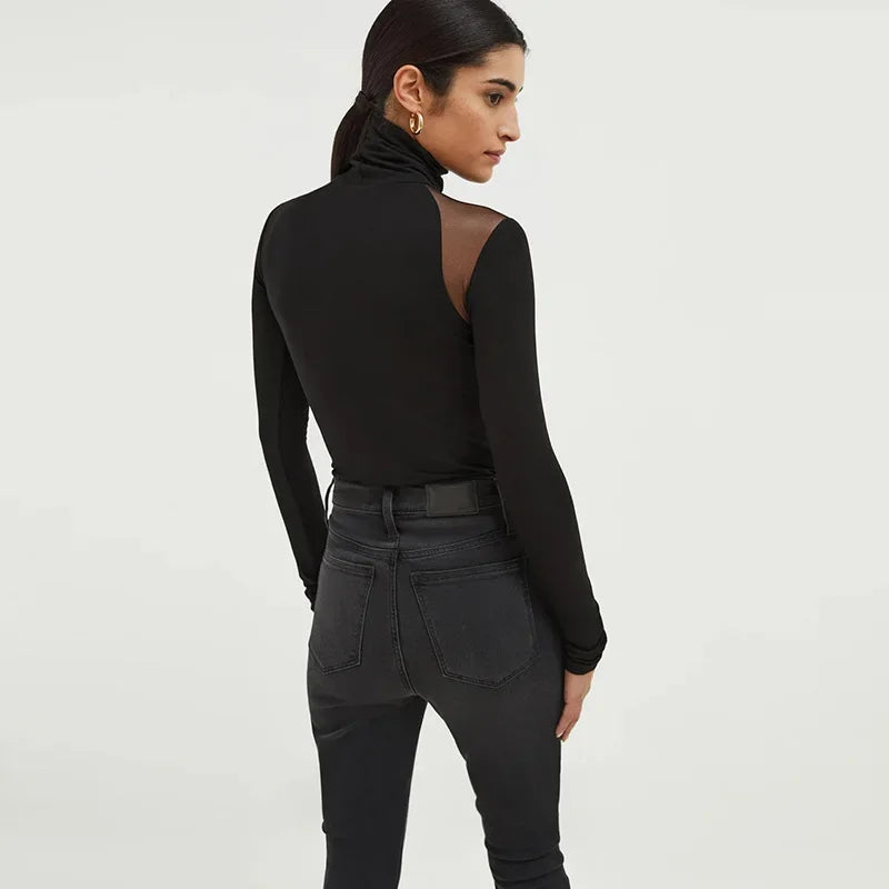 Sexy Slim Fit Long Sleeve Ladies T-shirt Autumn Fashion Black Mesh Patchwork Turtleneck Top Y2k Solid Women's Undershirt