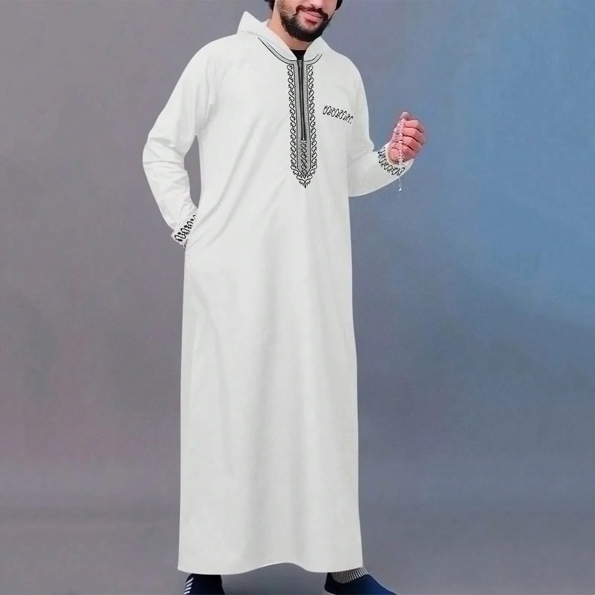 2025Islamic muslim Arabic men's robe long sleeve embroidered stand collar arabian thobe for men