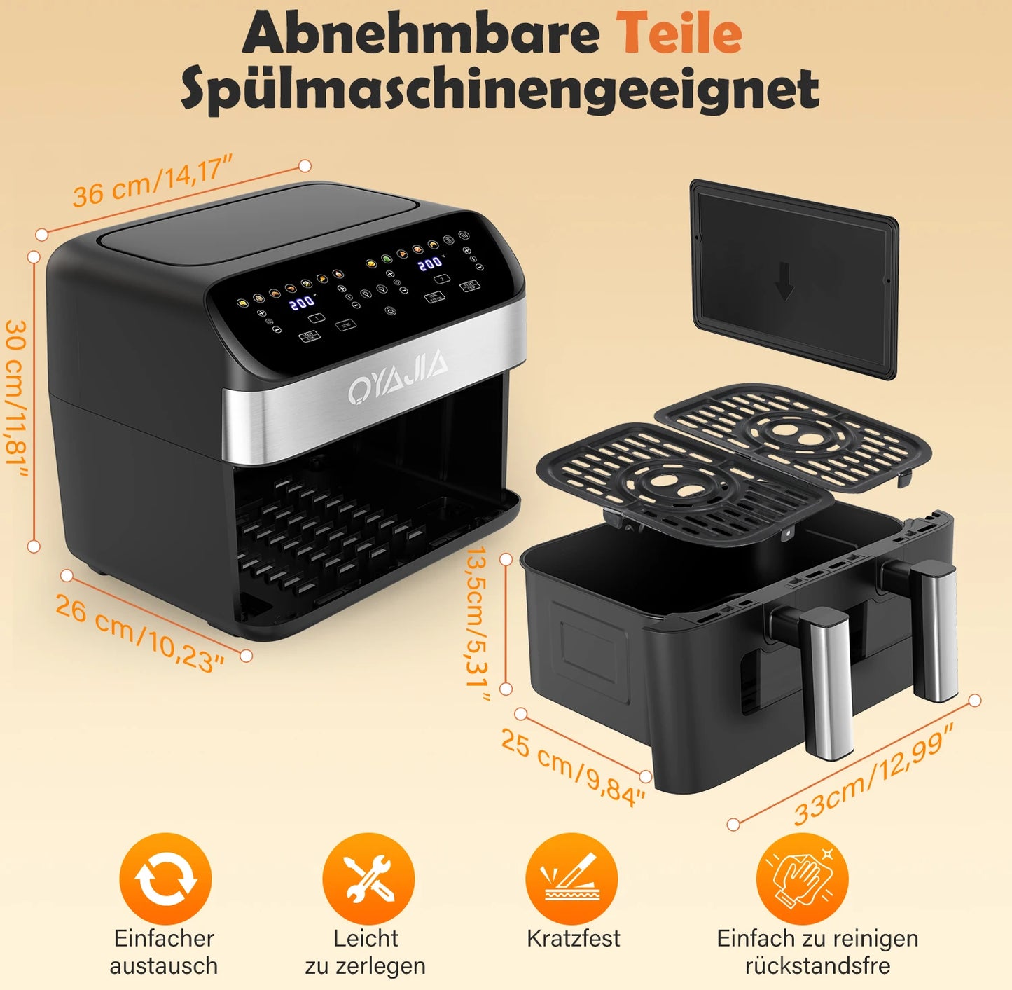 Air Fryer 10 L With Removable Divider, Viewing Window, Digital LED Touch Display, 12 Functions, Hot Air Circulation, 2600 W