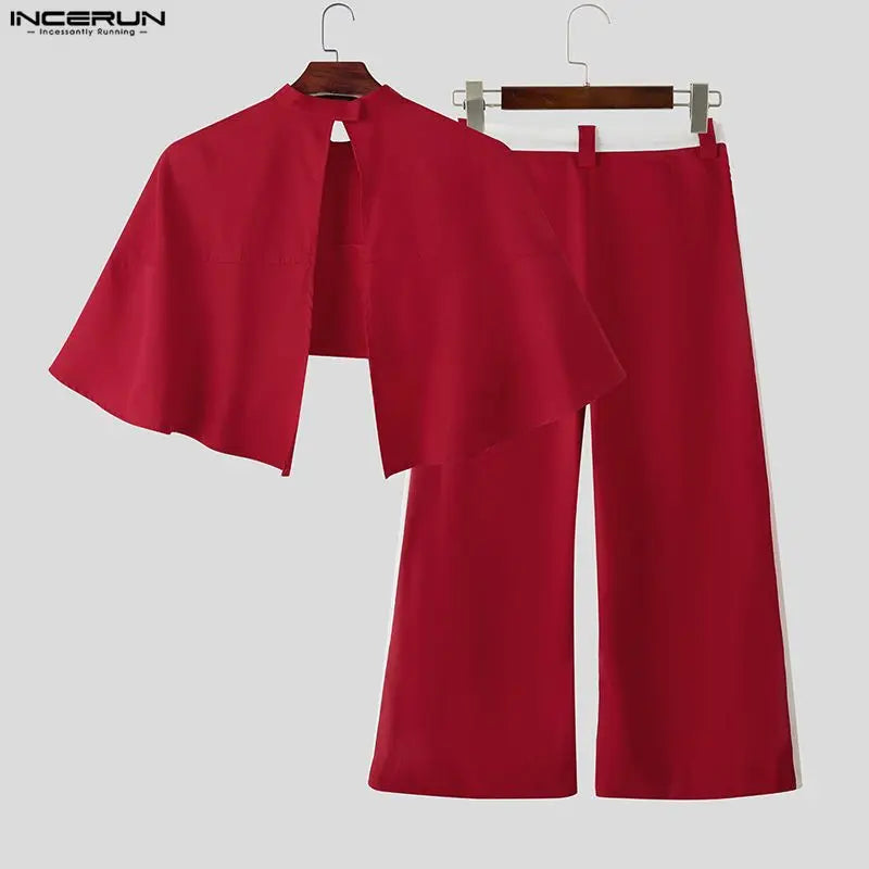INCERUN Men Sets Patchwork Turtleneck Irregular Crop Shirt Cloak & Wide Leg Pants 2PCS Streetwear Loose Fashion Casual Men Suits