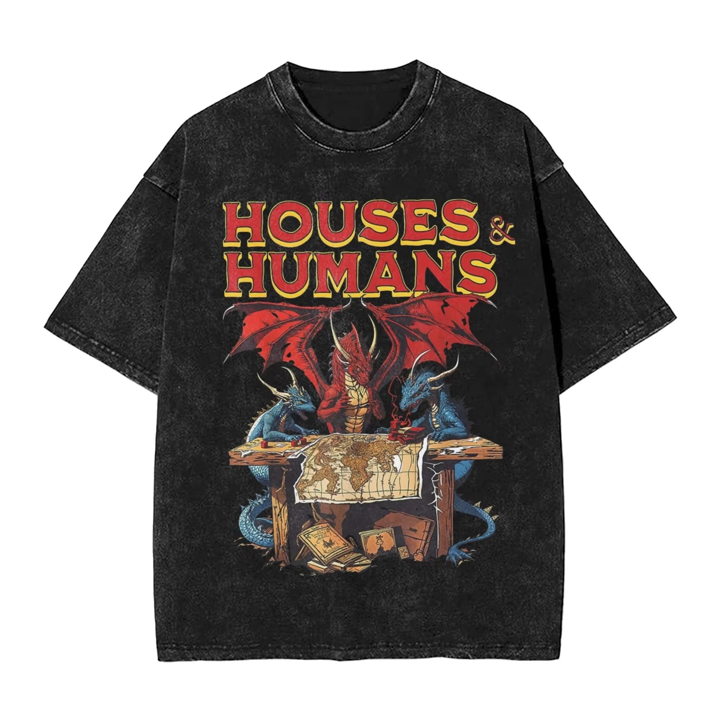 Washed T Shirt Houses and Humans Retro 90s Hip Hop T-Shirt Oversize Dungeon Dragon DnD Streetwear Printed Tops Tees for Men