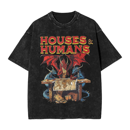 Washed T Shirt Houses and Humans Retro 90s Hip Hop T-Shirt Oversize Dungeon Dragon DnD Streetwear Printed Tops Tees for Men