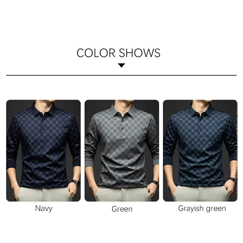 Polo Shirts for Man Autumn Business Slim Fit Long Sleeve T Shirt Men New Casual Loose Pullover Plaid Men Tops & Tees