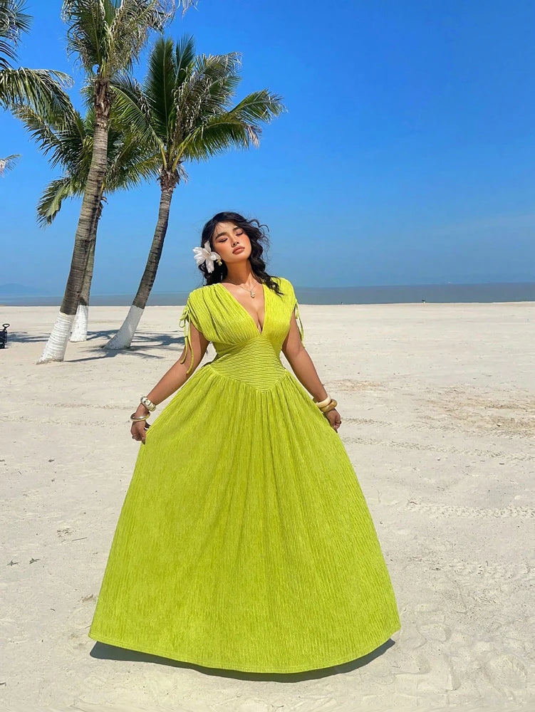 Plus Size Women's Holiday Casual Seaside Bright Waisted Short Sleeve Dress Romantic Holiday Pure Colour Pullover