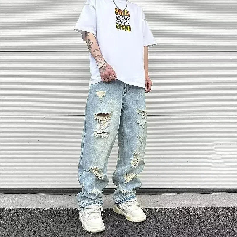2025 Men's Vintage American Style Distressed Straight-leg Jeans Trendy European American High Street Washing Machine Ripped