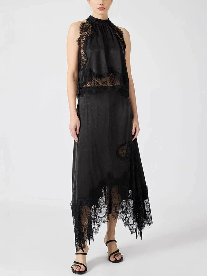 Temperament Solid Color Skirt Two Piece Set Women Lace Patchwork Sleeveless A-line Skirts Irregular Skirts 2 Piece Sets Female