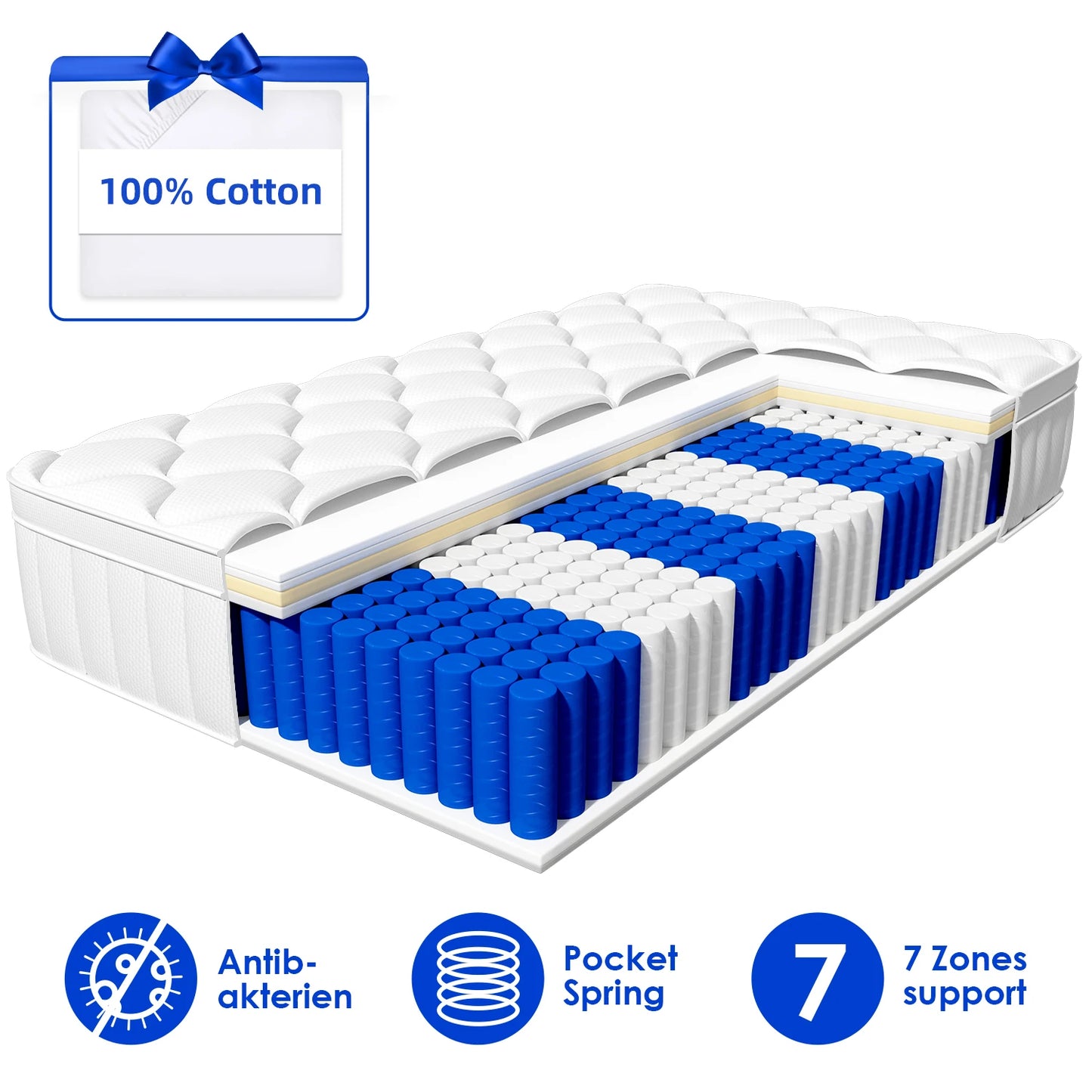 AUTHMIC 7-Zone Pocket Spring Mattress 25cm Thick Medium Firm Hybrid Breathable Anti-Mite Noiseless Bed for Adults Sleep Support