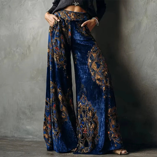 Women's Wide Leg Pants Retro Ethnic Print High Waist Velvet Trousers Fashion Causal Vintage Pantalon Femme Pocket Loose Bottoms
