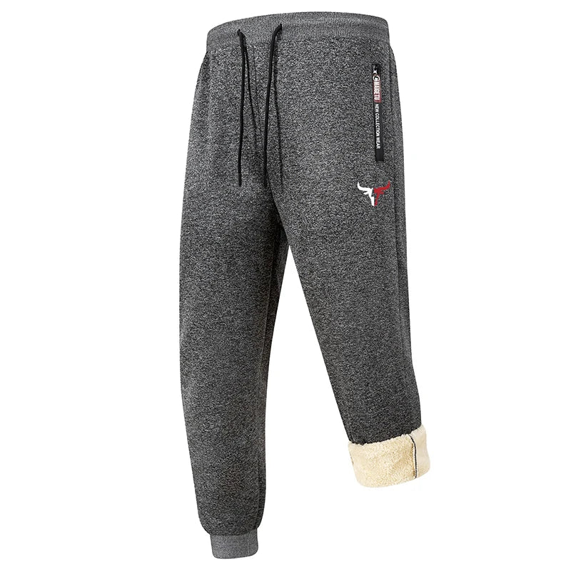 Bull Print Sherpa Fleece Lined Sweatpants for Men Winter Thermal Plush Joggers Pants with Zipper Pockets Casual Cozy Trousers
