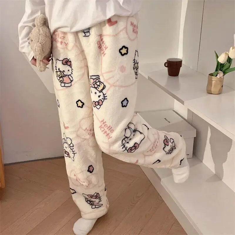 Cartoon Hello Kittys Pajamas Women's Flannel Pajama Pants Autumn and Winter Loose Casual Pant Thicken Warm Leisure Home Clothing