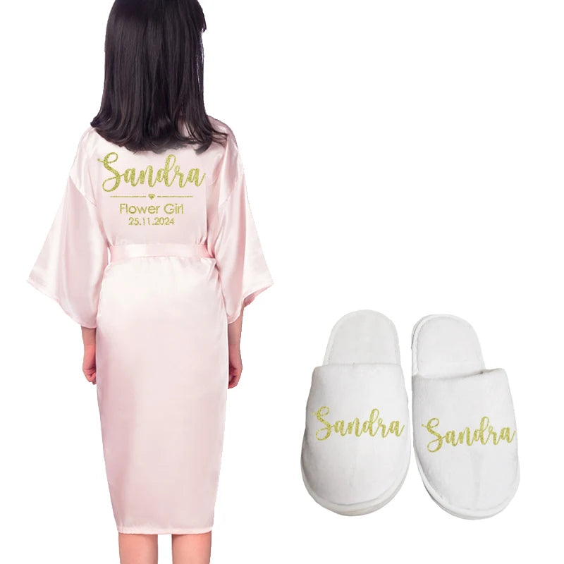 Customize Name Date Flower Girl Kimono Robes Wedding Bathrobes Pajamas Kids robe+belt Nightdress Brial Party Kid Robe