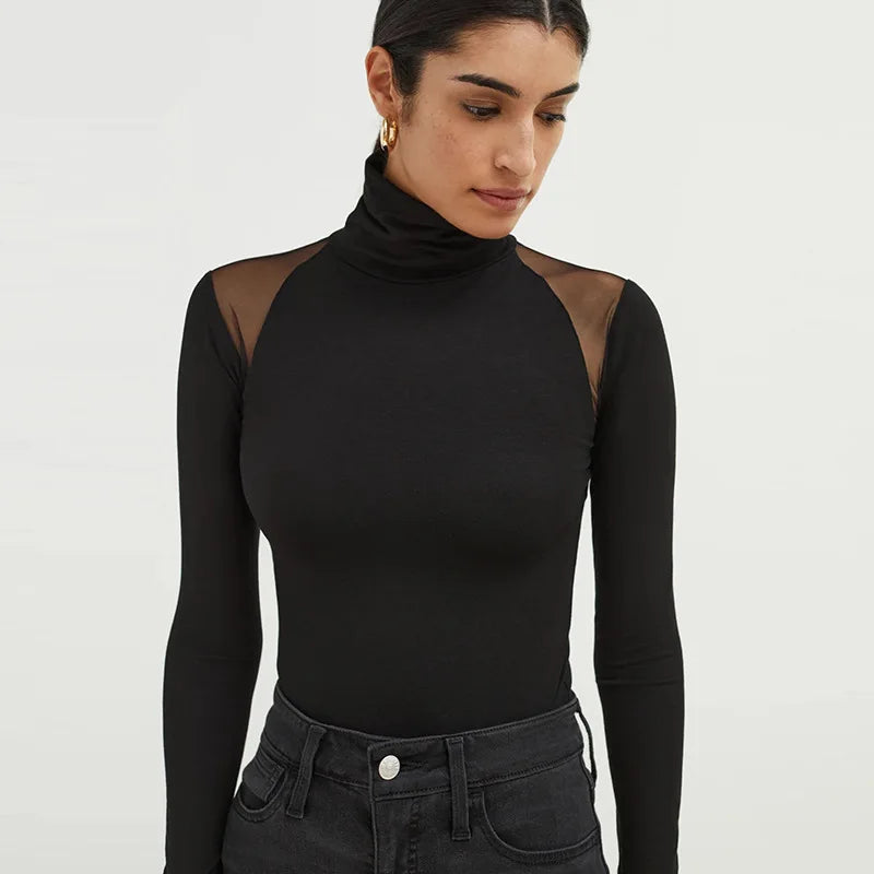 Sexy Slim Fit Long Sleeve Ladies T-shirt Autumn Fashion Black Mesh Patchwork Turtleneck Top Y2k Solid Women's Undershirt
