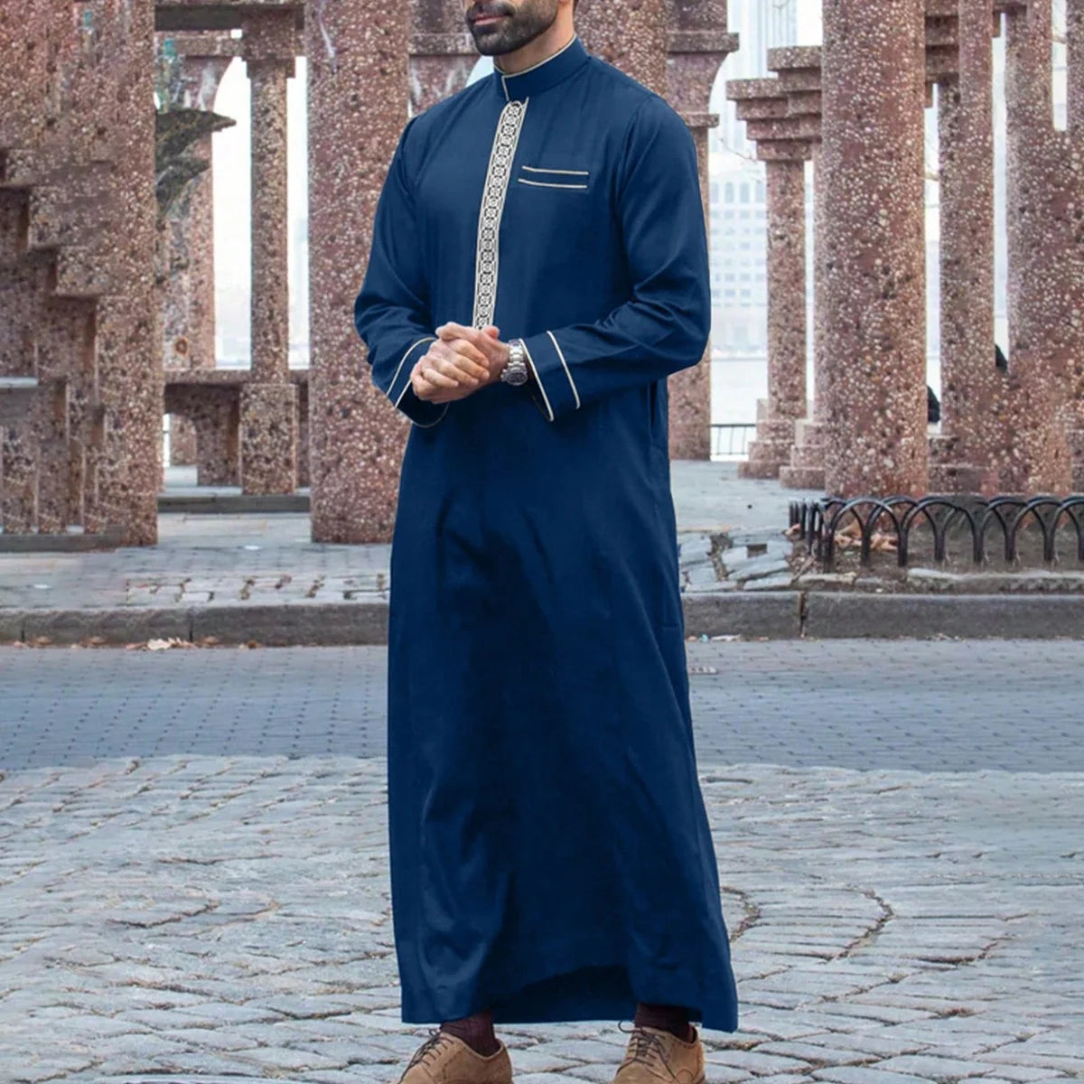 2025Islamic muslim Arabic men's robe long sleeve embroidered stand collar arabian thobe for men