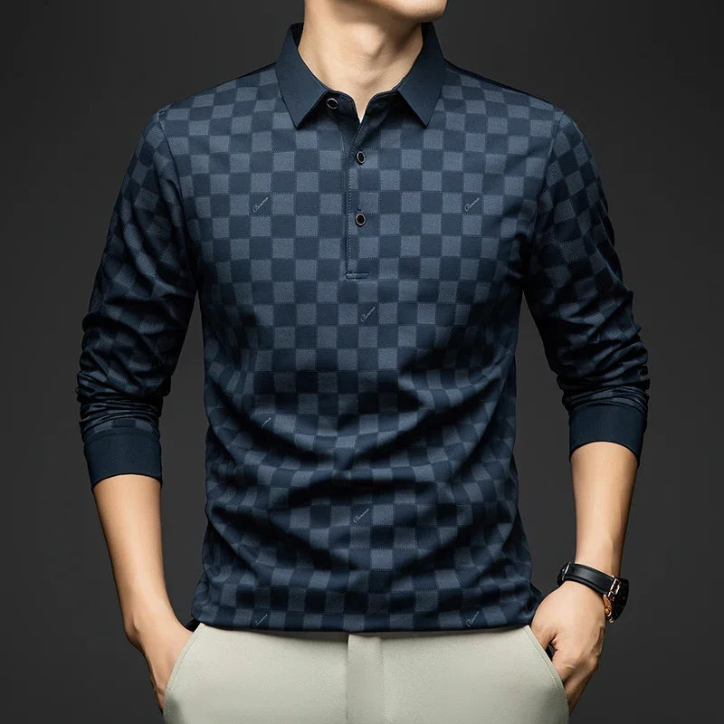 Polo Shirts for Man Autumn Business Slim Fit Long Sleeve T Shirt Men New Casual Loose Pullover Plaid Men Tops & Tees