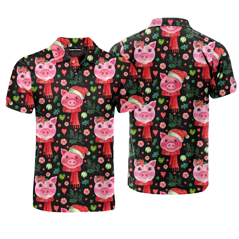 Funny Pig Pattern 3D Printed Polo Golf Shirt For Men New Design Daily Casual Sports Button T-shirt Short Sleeves Outdoor Tee Top