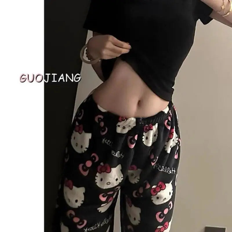 Cartoon Hello Kittys Pajamas Women's Flannel Pajama Pants Autumn and Winter Loose Casual Pant Thicken Warm Leisure Home Clothing