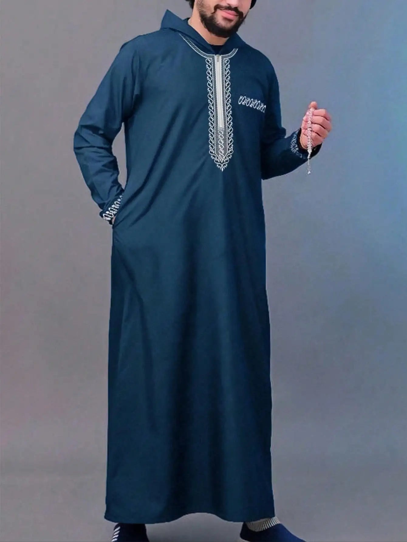 2025Islamic muslim Arabic men's robe long sleeve embroidered stand collar arabian thobe for men
