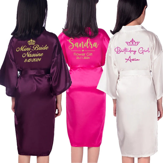 Customize Name Date Flower Girl Kimono Robes Wedding Bathrobes Pajamas Kids robe+belt Nightdress Brial Party Kid Robe