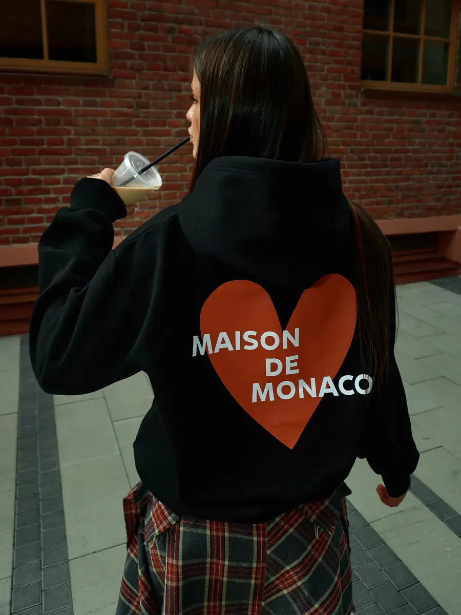 Large Size Trendy French Retro Cute Letters Hoodie for Women Oversized Heart Graphic Pullover Sweatshirt Gray & Black Streetwear