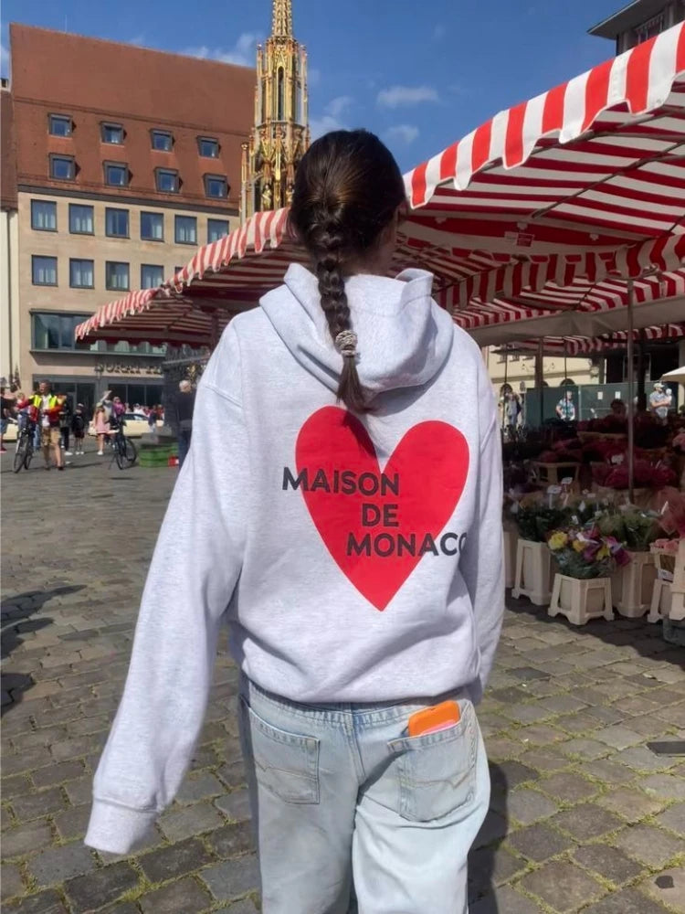 Large Size Trendy French Retro Cute Letters Hoodie for Women Oversized Heart Graphic Pullover Sweatshirt Gray & Black Streetwear
