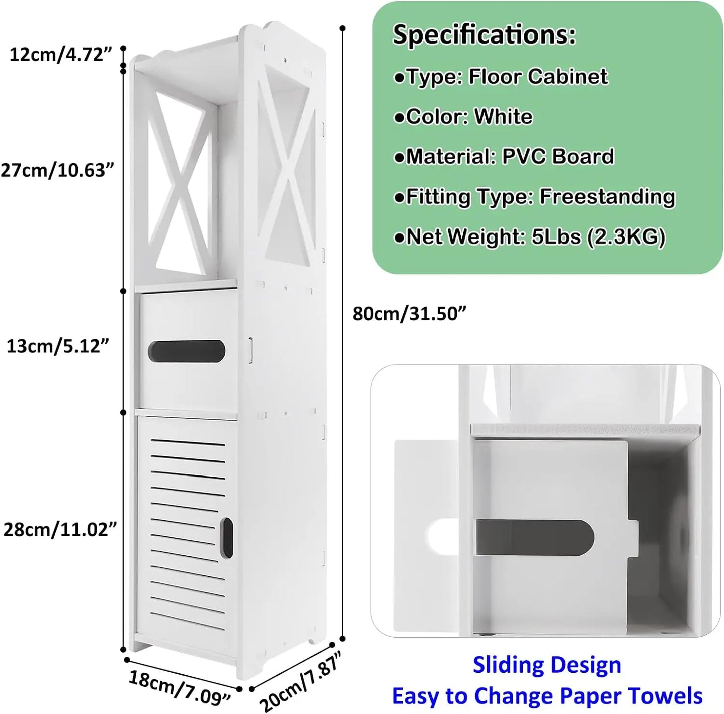 DayPlus Bathroom Waterproof Cabinet w/Paper Drawer,Tall Toilet Storage Cupboard,White Organizer Shelves,Free-standing Storage