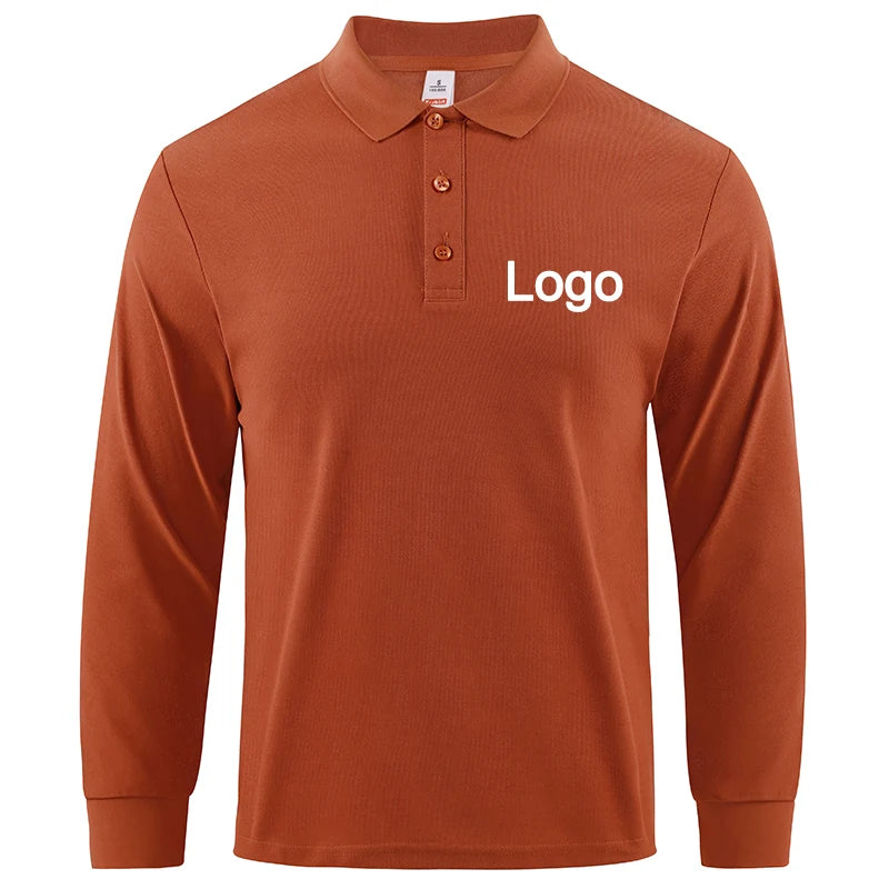 Custom Polo Shirts Mens Autumn Long Sleeves T-Shirts DIY Logo/Graphic Tees Commuting Breathable Lapel Tops Basic Male Clothes