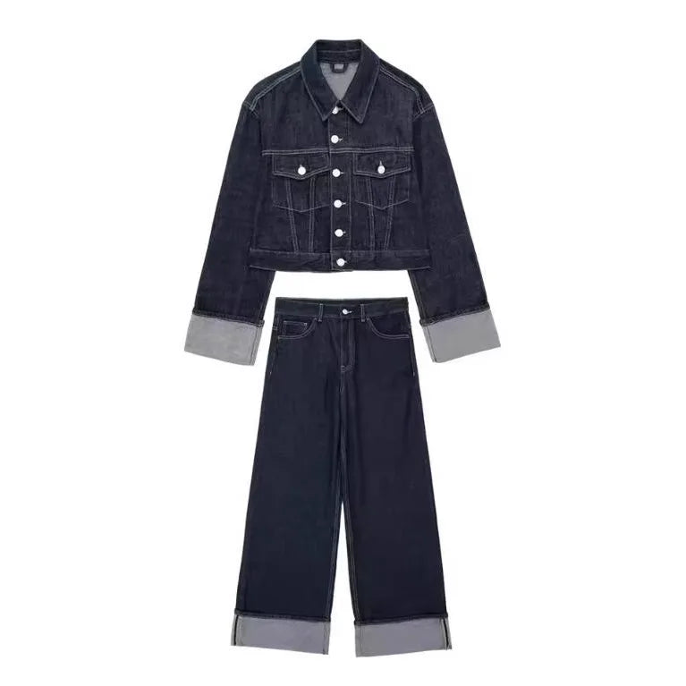 Women's 2025 Spring Fashion Casual Denim Jacket Coat Flared Rolled Pants Two-piece Set Ensemble Femme 2 Pièces Été
