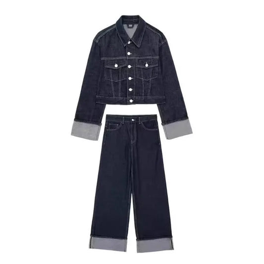 Women's 2025 Spring Fashion Casual Denim Jacket Coat Flared Rolled Pants Two-piece Set Ensemble Femme 2 Pièces Été