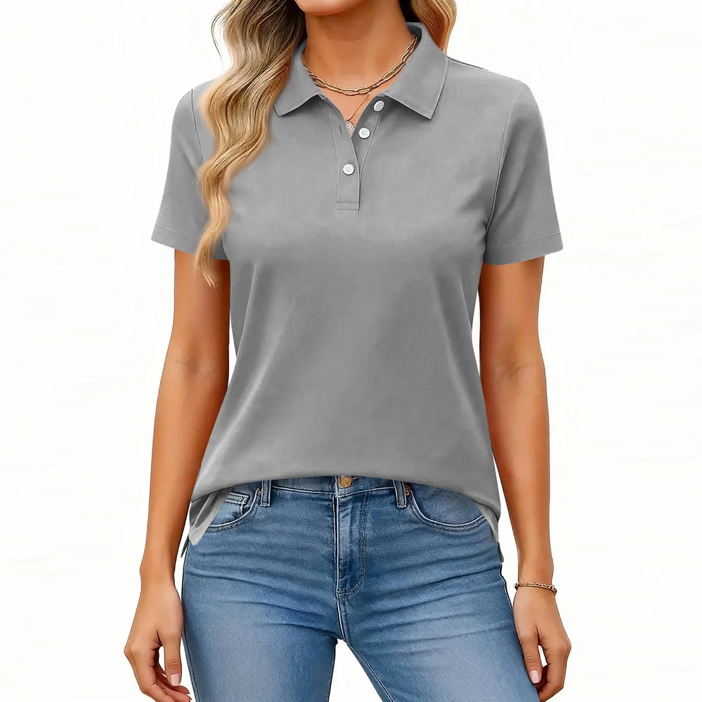 Fashion Casual Polo Shirt Short Sleeve Solid Color Button Placket Side Slits Stylish Comfortable Daily Wear Loose Fit Blouse Top