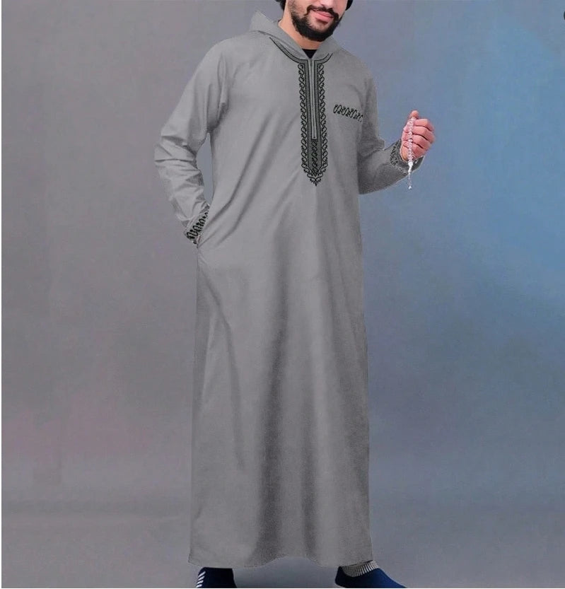 2025Islamic muslim Arabic men's robe long sleeve embroidered stand collar arabian thobe for men