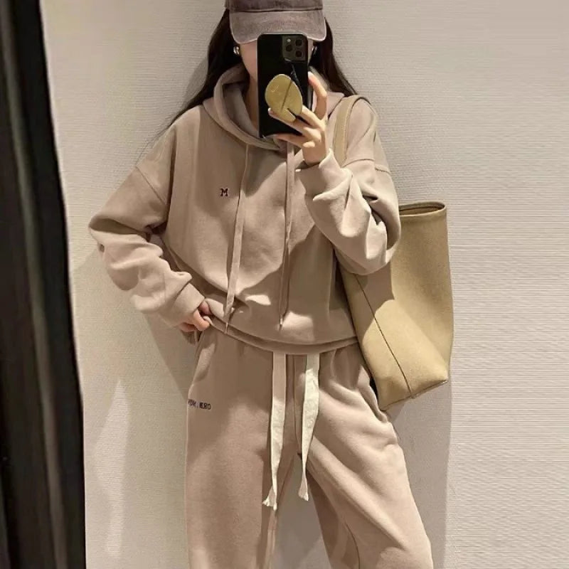 Korean Style Women's Casual Outfit Letter Embroidery Hoodie And Trousers Set Fashionable Spring Autumn Two-Piece Suit