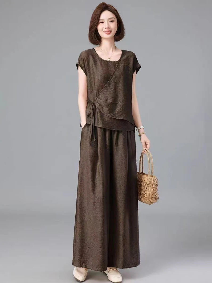 Faionable Summer 2025 Agel Loose Commute Simple Set Ele Senior Women's Cotton Long Pants ort Sve Two-Piece Suit