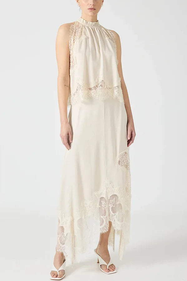 Temperament Solid Color Skirt Two Piece Set Women Lace Patchwork Sleeveless A-line Skirts Irregular Skirts 2 Piece Sets Female