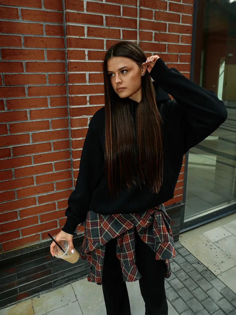 Large Size Trendy French Retro Cute Letters Hoodie for Women Oversized Heart Graphic Pullover Sweatshirt Gray & Black Streetwear