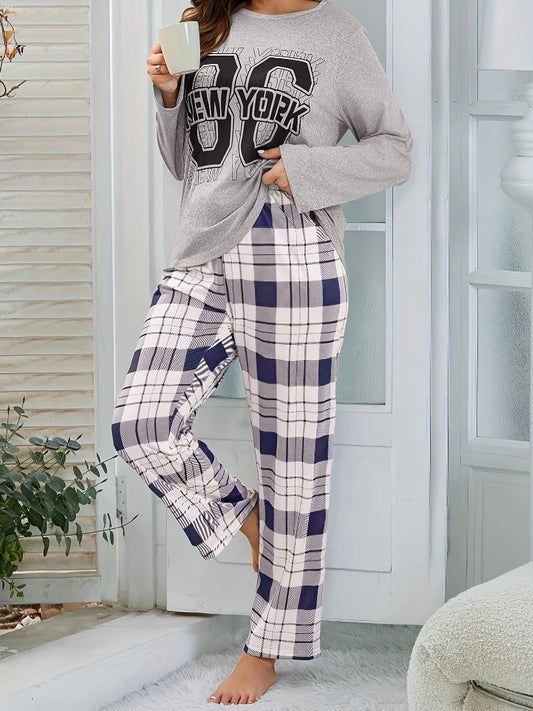 2-Piece Set of Women's Autumn Pajamas, Fashionable Casual Letter Plaid Print Long-Sleeved Long Pants, Can Be Worn Outside, Pajamas