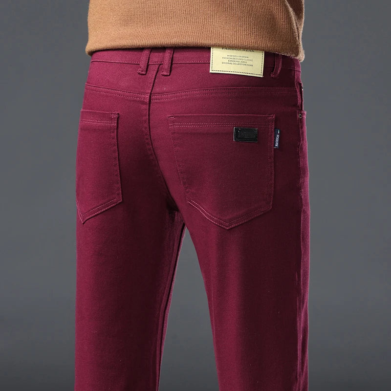 Wine Red Jeans Men Fashion Casual Classic Style Business Straight Slim Fit Trousers Male Advanced Pants 6 Colors Plus Size 28-44