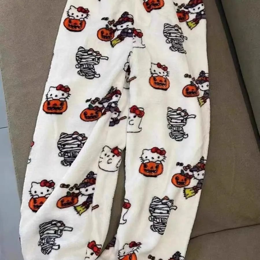 Cartoon Hello Kittys Pajamas Women's Flannel Pajama Pants Autumn and Winter Loose Casual Pant Thicken Warm Leisure Home Clothing