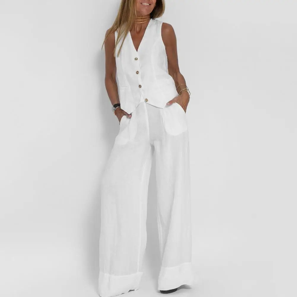 Casual Style Suit Set Fashionable Women's Cotton Linen Suit Sleeveless Vest Wide Leg Pants Set for Office or Casual Wear