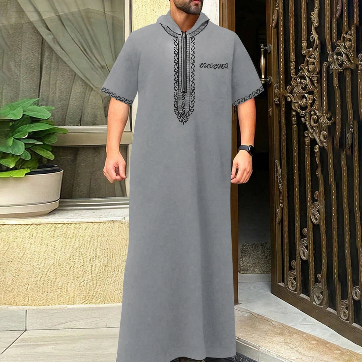 2025Islamic muslim Arabic men's robe long sleeve embroidered stand collar arabian thobe for men